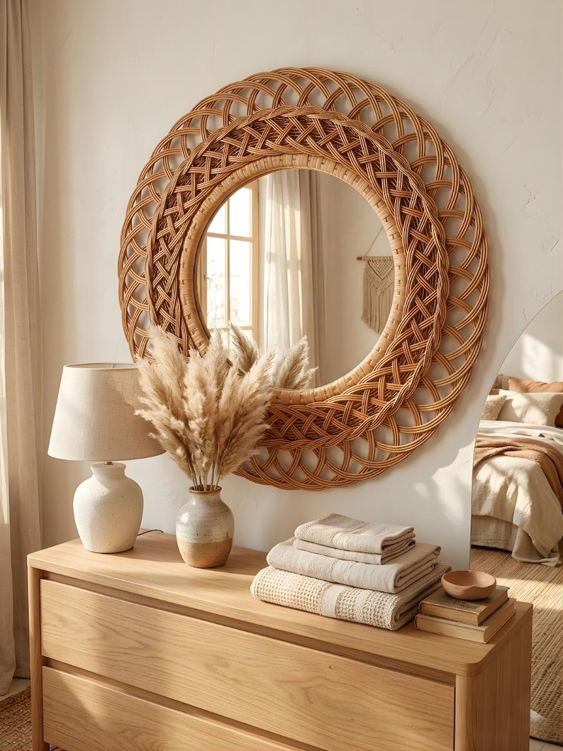 Boho Rattan Wandspiegel - Handgewebter runder Spiegel, natürliche Boho Wanddekoration, Bauernhaus Eingangsbereich Spiegel, Küsten Wohnkultur Bild 7