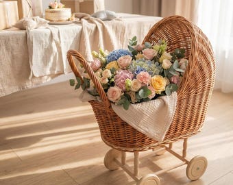 Wicker stroller, flower holder, baby shower decorations  for girl | Newborn party gift| Baby bassinet on wheels | Baby shower centerpiece