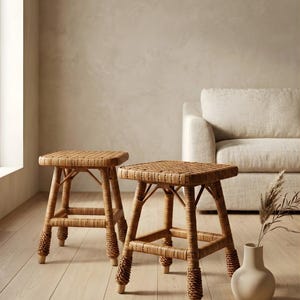 May include: Two square, woven rattan stools with light brown wood legs. The stools have a natural, light brown color and are placed on a light wood floor. The stools are in a neutral-toned room with a beige sofa and a white vase.
