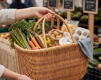 Bauernmarktkorb, Weidenlebensmittelgeschäfttasche, wiederverwendbarer Einkaufskorb, umweltfreundlicher Produktträger, rustikale Markttasche
