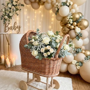 Baby shower flower cart | Wicker Carriage Baby Shower Centerpiece  | Baby Girl Wicker Stroller | Newborn Party Decor | Mini boho stroller
