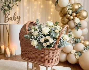 Baby shower flower cart | Wicker Carriage Baby Shower Centerpiece  | Baby Girl Wicker Stroller | Newborn Party Decor | Mini boho stroller