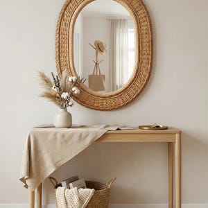 Boho Rattan Wall Mirror | Handwoven Wicker Round Mirror, Natural Bohemian Wall Decor, Farmhouse Entryway Mirror, Coastal Home Decor image 15