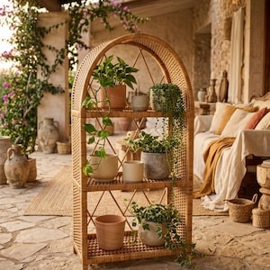 Puede incluir: Una estantería alta de ratán de tres niveles con forma arqueada y diseño de celosía tejida. Los estantes sostienen varias plantas en macetas, incluyendo un poto colgante, una planta rosario y hiedra, en macetas de cerámica y terracota variadas.