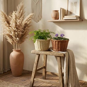 Puede incluir: Escena interior rústica con un taburete de madera con dos plantas en macetas en cestas tejidas. Un gran jarrón de terracota contiene hierba de la pampa seca. También se ven un tapiz de macramé y un cuadro enmarcado.