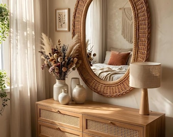 Kompakter Boho Oval Wicker Wandspiegel | Hängespiegel für Badezimmer, Schlafzimmer, Flur | Viktorianisches Wohndekor | Dekorativer Kosmetikspiegel