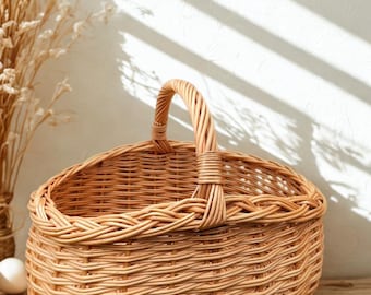 Panier de récolte de jardin tissé rustique | Panier pique-nique en osier | Panier avec anse | Corbeille de fruits | Panier de provisions français| Fait main