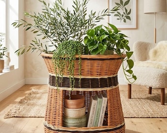 Cesta grande de almacenamiento de mimbre, casita grande de mimbre para gatos y perros, cueva para mascotas, cesta rústica de ratán con estante.