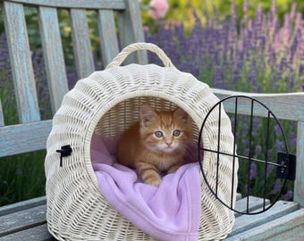 Wicker Pet Carrier House, Cat & Small Dog Basket, Handwoven Pet Bed, Portable Pet Home, Boho Pet Decor, Travel Carrier