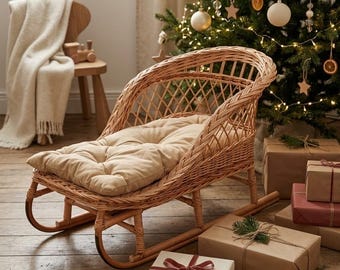 クリスマス写真撮影用小道具、籐製のサンタのそりクリスマス装飾、素朴な冬の写真撮影用小道具、手作りの柳のそり、クリスマス写真撮影