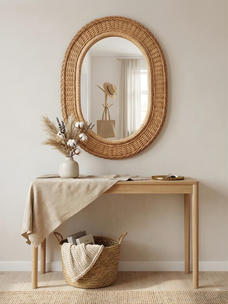 K&ouml;nnte beinhalten: Ein ovaler Wandspiegel mit einem geflochtenen Rattanrahmen h&auml;ngt &uuml;ber einem Konsolentisch aus hellem Holz. Ein beiges Leinentuch bedeckt den Tisch, auf dem eine wei&szlig;e Keramikvase mit Trockenblumen und ein kleines goldenes Tablett stehen.