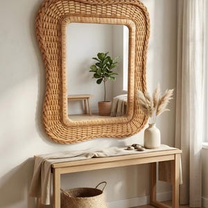 Boho Rattan Wall Mirror | Handwoven Wicker Round Mirror, Natural Bohemian Wall Decor, Farmhouse Entryway Mirror, Coastal Home Decor image 18