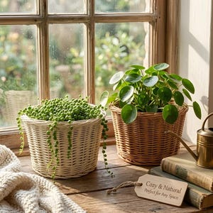 May include: Two woven wicker baskets holding plants sit on a wooden windowsill. One basket is filled with string-of-pearls plants, the other with a Pilea peperomioides. A small brass watering can and a stack of books are also present.