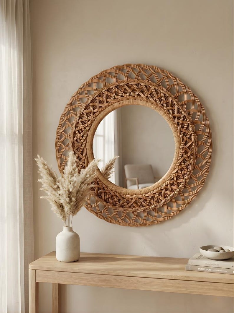 K&ouml;nnte beinhalten: Ein runder Wandspiegel mit einem breiten, kunstvollen Rahmen aus geflochtenem hellbraunem Rattan. Die kreisf&ouml;rmige Glasmitte spiegelt den umgebenden Raum wider, w&auml;hrend der &auml;u&szlig;ere Rand ein detailliertes, sich wiederholendes Gittermuster aufweist.