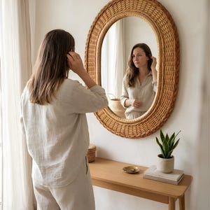 May include: An oval wall mirror with a woven light brown wicker frame. The mirror is mounted on a plain wall above a wooden console table. The reflection in the mirror shows a person wearing a light-coloured shirt. The text AI-generated model is visible.