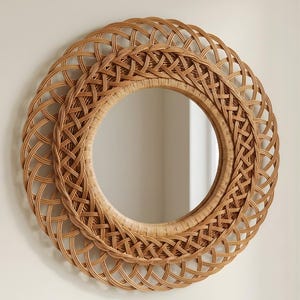 Boho Rattan Wandspiegel - Handgewebter runder Spiegel, natürliche Boho Wanddekoration, Bauernhaus Eingangsbereich Spiegel, Küsten Wohnkultur Bild 1