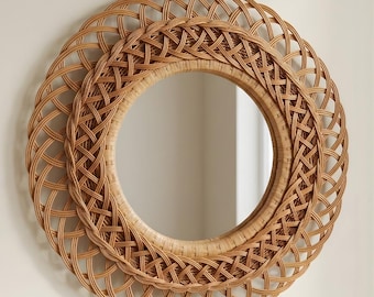Boho Rattan Wall Mirror – Handwoven Wicker Round Mirror, Natural Bohemian Wall Decor, Farmhouse Entryway Mirror, Coastal Home Decor
