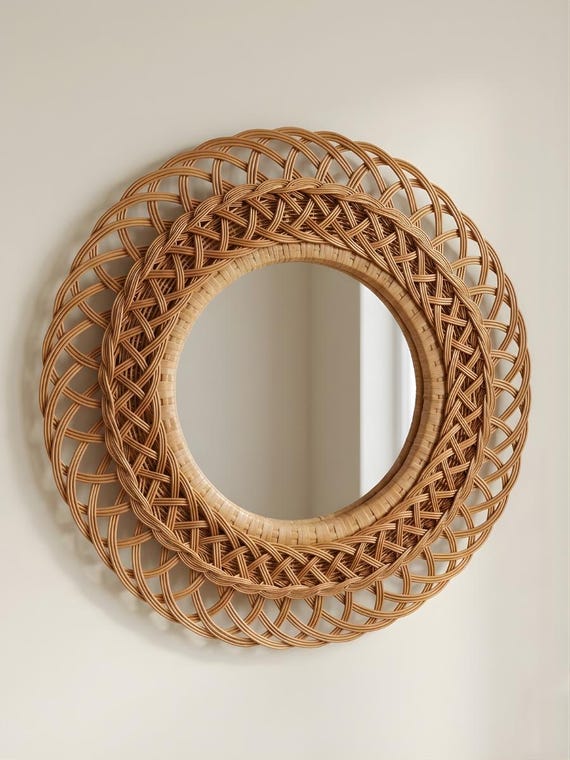 Boho Rattan Wall Mirror – Handwoven Wicker Round Mirror, Natural Bohemian Wall Decor, Farmhouse Entryway Mirror, Coastal Home Decor