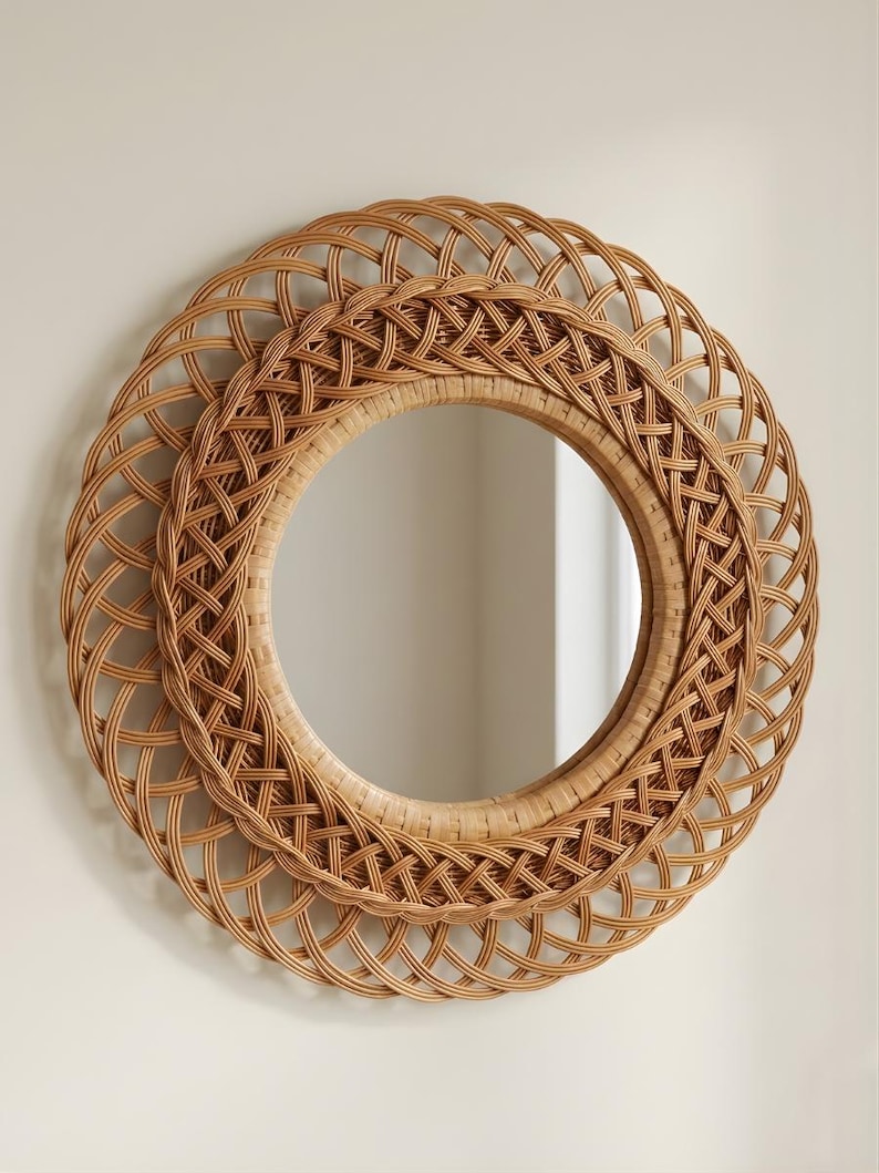 Boho Rattan Wandspiegel - Handgewebter runder Spiegel, natürliche Boho Wanddekoration, Bauernhaus Eingangsbereich Spiegel, Küsten Wohnkultur Bild 1