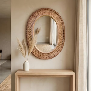 Boho Rattan Wall Mirror | Handwoven Wicker Round Mirror, Natural Bohemian Wall Decor, Farmhouse Entryway Mirror, Coastal Home Decor image 12