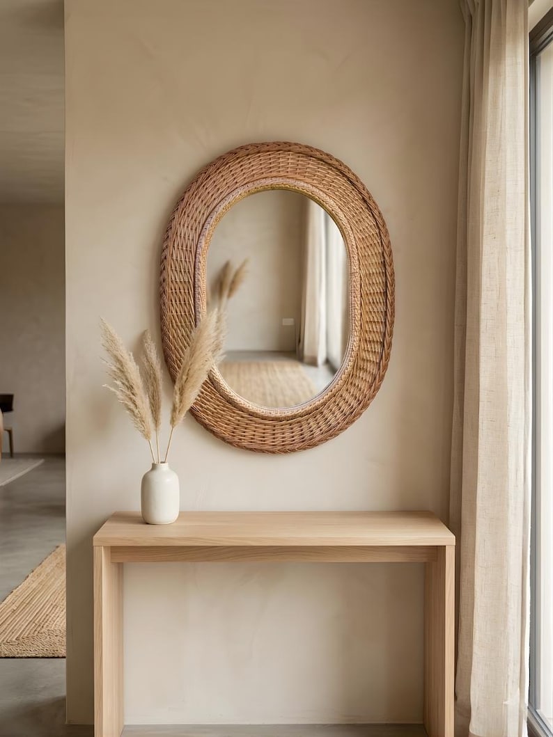 Boho Rattan Wall Mirror | Handwoven Wicker Round Mirror, Natural Bohemian Wall Decor, Farmhouse Entryway Mirror, Coastal Home Decor image 12