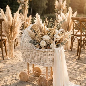 White Wicker Baby Doll Stroller | Baby Shower Table Decor, Floral Centerpiece | Wedding Ceremony Decor