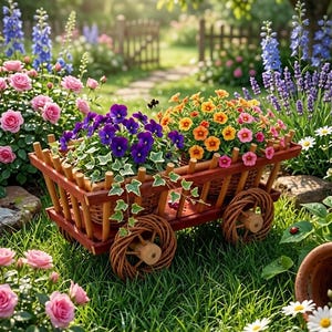 以下が含まれることがあります： 紫色のパンジーやオレンジ色の花など、鮮やかな花でいっぱいの木製のワゴンが、緑の草の上に置かれています。 ワゴンには編み込みの車輪があり、ピンクのバラや青いデルフィニウムのある庭に囲まれています。 魅力的な屋外のシーンです。