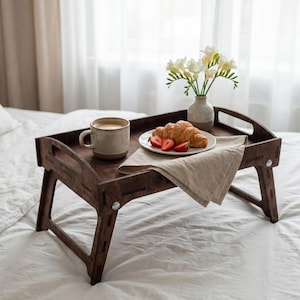 Wood serving tray with hendles and folding legs | Bedside table for breakfast