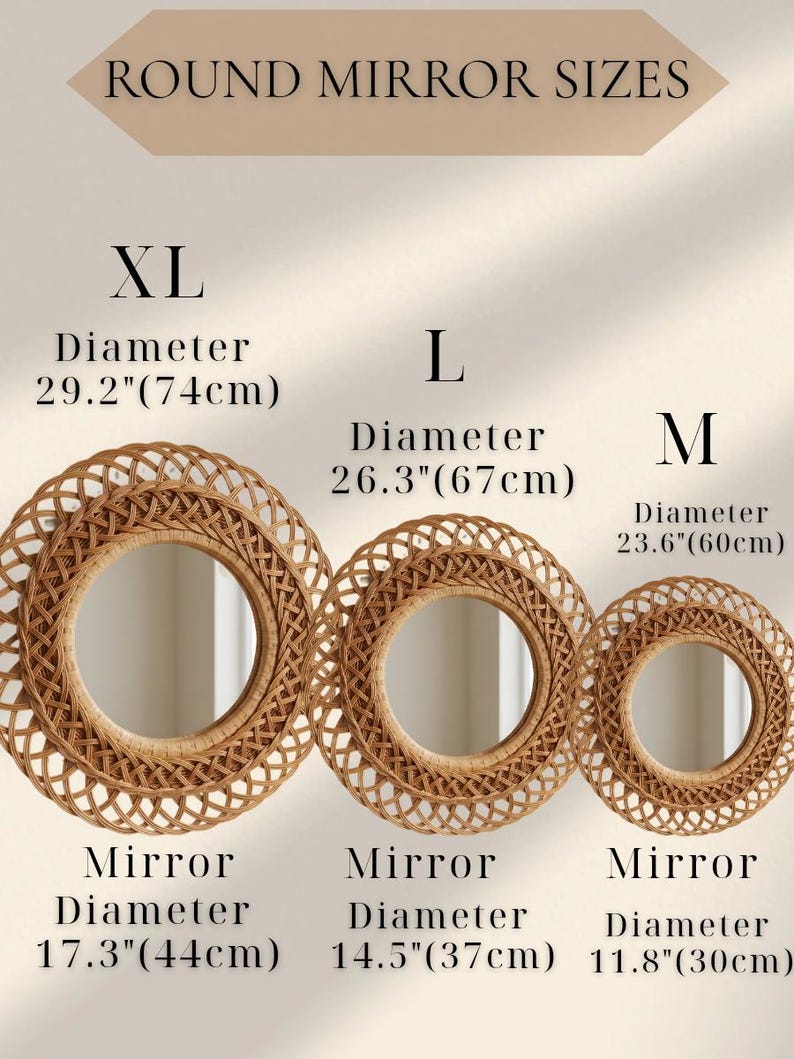 Boho Rattan Wandspiegel - Handgewebter runder Spiegel, natürliche Boho Wanddekoration, Bauernhaus Eingangsbereich Spiegel, Küsten Wohnkultur Round