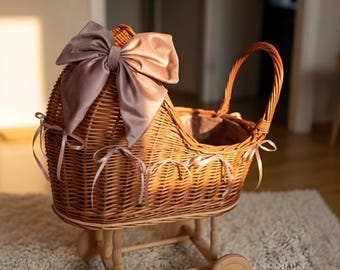 Wicker Doll Pram With Bow | Rattan Baby Girl Carriage | Handmade Natural Toys | baby shower carriage | wicker pram centerpiece