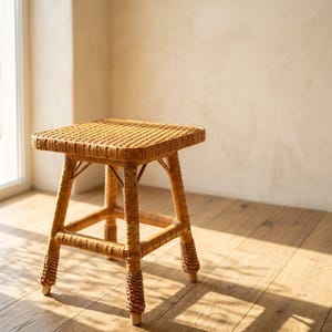 Puede incluir: Un taburete cuadrado construido con ratán tejido de color marrón claro. El asiento presenta un patrón de tejido apretado en forma de rejilla, apoyado por cuatro patas resistentes conectadas por travesaños horizontales. La base está reforzada.