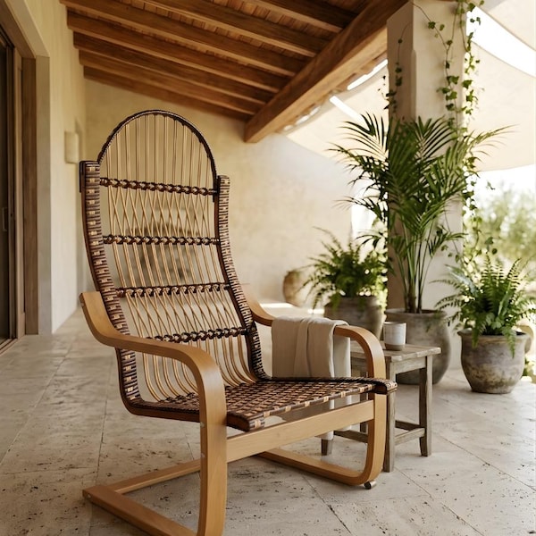 Modern Rattan Lounge Chair, Luxury Woven Wood Accent Armchair, Covered Patio & Terrace Furniture, Cozy Reading Nook Chair