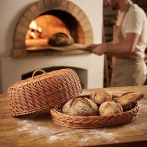 May include: An oval-shaped woven wicker bread basket with a matching domed lid featuring a small handle. The basket contains three round loaves of crusty artisan bread and one baguette, all resting on a wooden surface with scattered flour.
