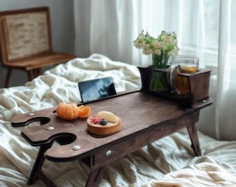 Breakfast Bed Tray | Wooden Lap Desk | Folding Bed Table | Laptop Tray | Serving Tray | Bed Desk | Bedside table
