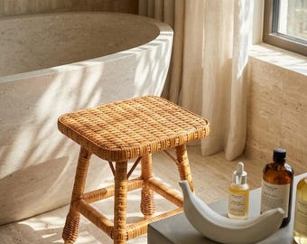 Wood Vanity Stool, Rattan Makeup Chair, Handwoven Wicker Dressing Table Seat, Boho Bedroom Furniture, Rustic Stool, Vanity Chair