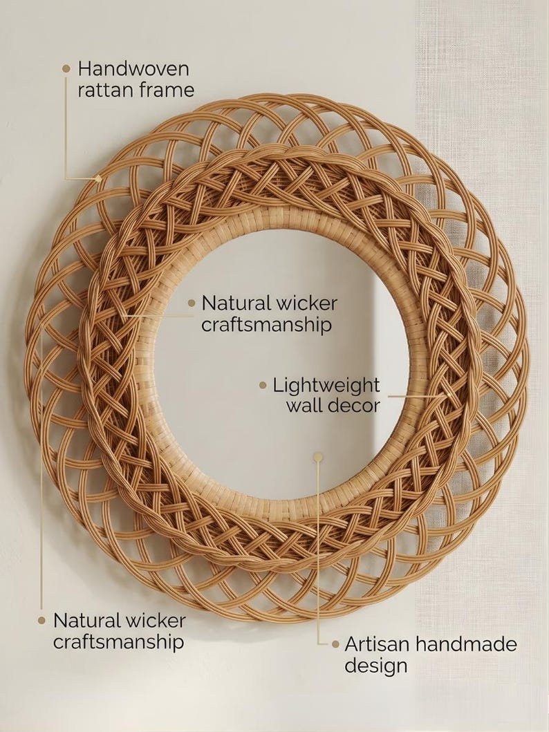 K&ouml;nnte beinhalten: Ein runder Spiegel mit einem handgeflochtenen Rattanrahmen, der nat&uuml;rliche Weidenflechtkunst und ein handgefertigtes Design aufweist. Der Text auf dem Bild enth&auml;lt Handwoven rattan frame, Natural wicker craftsmanship und Lightweight wall decor.