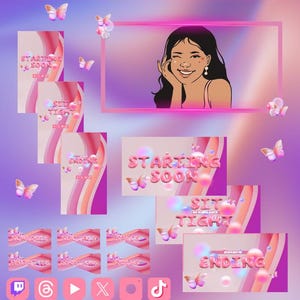 Animated Bubbles & Butterflies Stream Overlay | Pink Twitch Screens (MP4, PNG Kit)