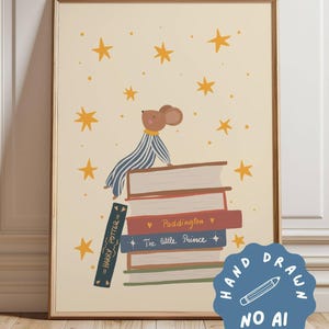 Affiche imprimable d'une souris lectrice assise sur des livres, illustration d'un animal contemplant les étoiles, décoration de coin lecture pour chambre d'enfant, téléchargement numérique