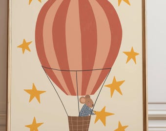 Mouse in Red Hot Air Balloon Nursery Decor, Yellow Stars Background Illustration, Kids Room or Playroom Poster, Digital Download