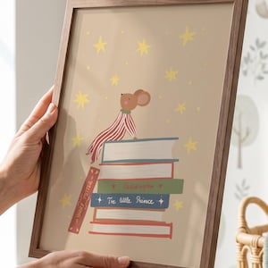 Whimsical Mouse Sitting on Books Printable Wall Art, Star Gazing Animal Illustration, Inspirational Poster for Kids Room, Digital Download