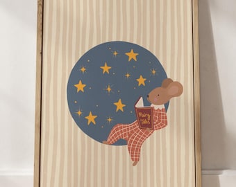 Póster imprimible de un ratón leyendo un libro, ilustración de un animal mirando las estrellas, póster inspirador para la habitación infantil o la guardería, descarga digital.
