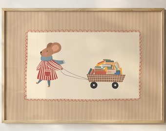 Dibujo de un ratón travieso tirando de un carrito de libros. Lámina decorativa para pared, color beige, ideal para la habitación del bebé o el rincón de lectura. Ilustración digital.