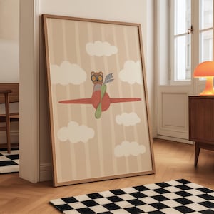 Impression de chambre d'enfant aventure ours, art mural vintage ours pilote, affiche animal avion, décoration de chambre d'enfant neutre, art mural imprimable chambre d'enfant