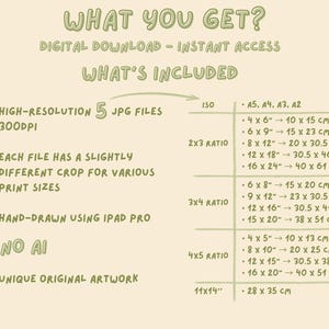 Puede incluir: Hoja de informaci&oacute;n de descarga digital con el texto "WHAT YOU GET?" y "WHAT'S INCLUDED". Incluye detalles sobre 5 archivos JPG, tama&ntilde;os de impresi&oacute;n y obras de arte dibujadas a mano. Los tama&ntilde;os de impresi&oacute;n incluyen 10 x 15 cm a 40 x 61 cm y 28 x 35 cm.