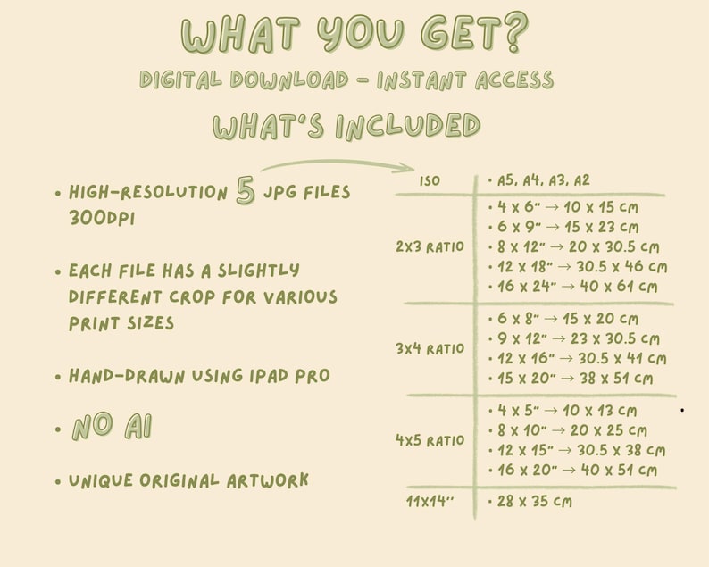 Puede incluir: Hoja de informaci&oacute;n de descarga digital con el texto "WHAT YOU GET?" y "WHAT'S INCLUDED". Incluye detalles sobre 5 archivos JPG, tama&ntilde;os de impresi&oacute;n y obras de arte dibujadas a mano. Los tama&ntilde;os de impresi&oacute;n incluyen 10 x 15 cm a 40 x 61 cm y 28 x 35 cm.