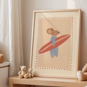 Cute surfer mouse illustration holding a surfboard, whimsical boho animal wall art in warm cozy colors, beach themed nursery poster for kids room decor, modern vintage style children’s artwork, summer vibes printable wall art, digital download suitable for boys and girls room