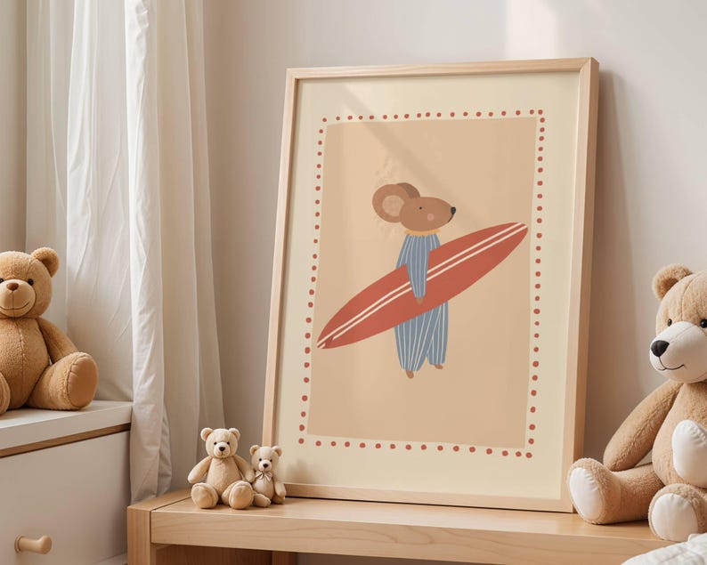 Cute surfer mouse illustration holding a surfboard, whimsical boho animal wall art in warm cozy colors, beach themed nursery poster for kids room decor, modern vintage style children’s artwork, summer vibes printable wall art, digital download suitable for boys and girls room