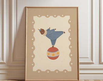 Digitale circusbeer in gestreept carnavalskostuum, grillige poster grizzlybeer, teddybeer kinderkamer kunst aan de muur, afdrukbare retro illustratie