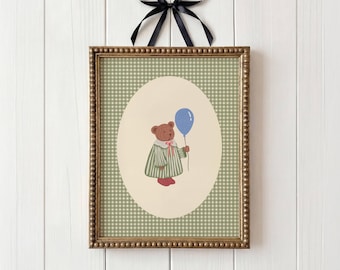 Decorazione murale vintage per cameretta dei bambini con orsetto, stampa con orsetto su sfondo a quadretti, poster per cameretta verde salvia, download digitale classico disegnato a mano con matita