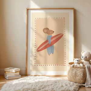 Cute surfer mouse illustration holding a surfboard, whimsical boho animal wall art in warm cozy colors, beach themed nursery poster for kids room decor, modern vintage style children’s artwork, summer vibes printable wall art, digital download suitable for boys and girls room